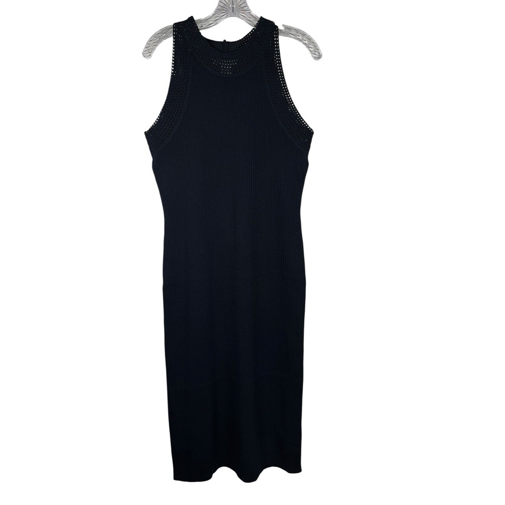 LUCKY BRAND Sz L Dress Navy Ribbed Crochet Trim Midi Sleeveless Resort NWOT
